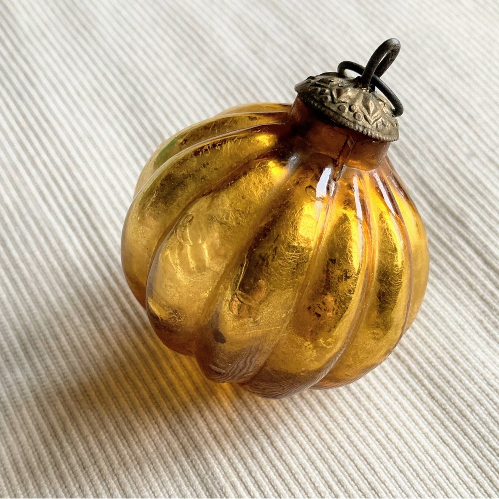 Antique Hand Blown Germany Kugel Christmas Ornament Glass Amber Pumpkin Scallop